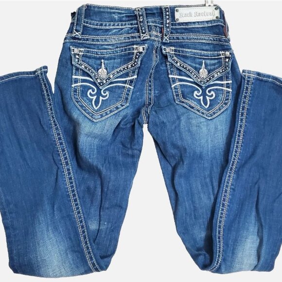 Rock Revival Jeans 26 Heather Boot Embellished Pockets Heather Denim Blue - Picture 1 of 10